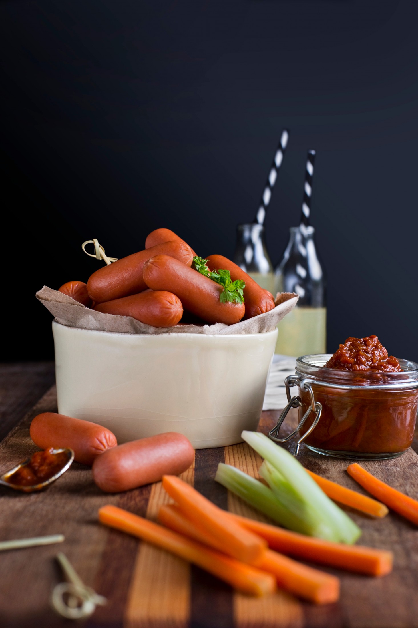 Cocktail Franks with Roast Tomato Chutney and Crudité – Don